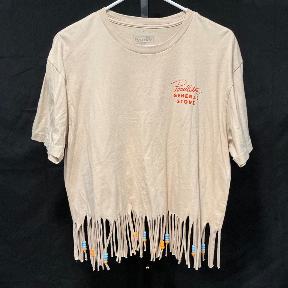 Pendleton T-Shirt General Store Large Tan Beaded Fringe Graphic Crewneck Cotton